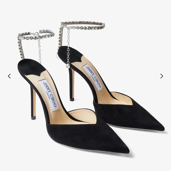 Jimmy Choo Saeda Black Heels with Crystal Ankle Strap - Picture 1 of 6